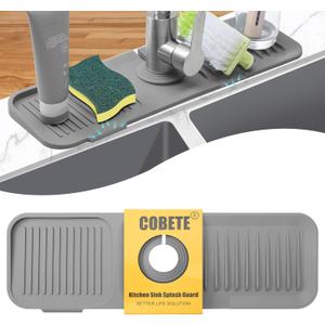 COBETE Kitchen Sink Splash Guard, 5Slope 17.7in Faucet Mat Splash Catcher, Handle Drip Catcher Tray, Multipurpose for Kitchen Dish Drying Mats Sponge Holder and Bathroom Countertop Protect