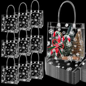 Gueevin 60 Pcs Christmas Clear Gift Bags with Handles Bulk Plastic Candy Treat Snowflake Party Gift Bags PVC Tote for Wedding Birthday Party Favor(6.3 x 5.9 x 3.15 Inch)