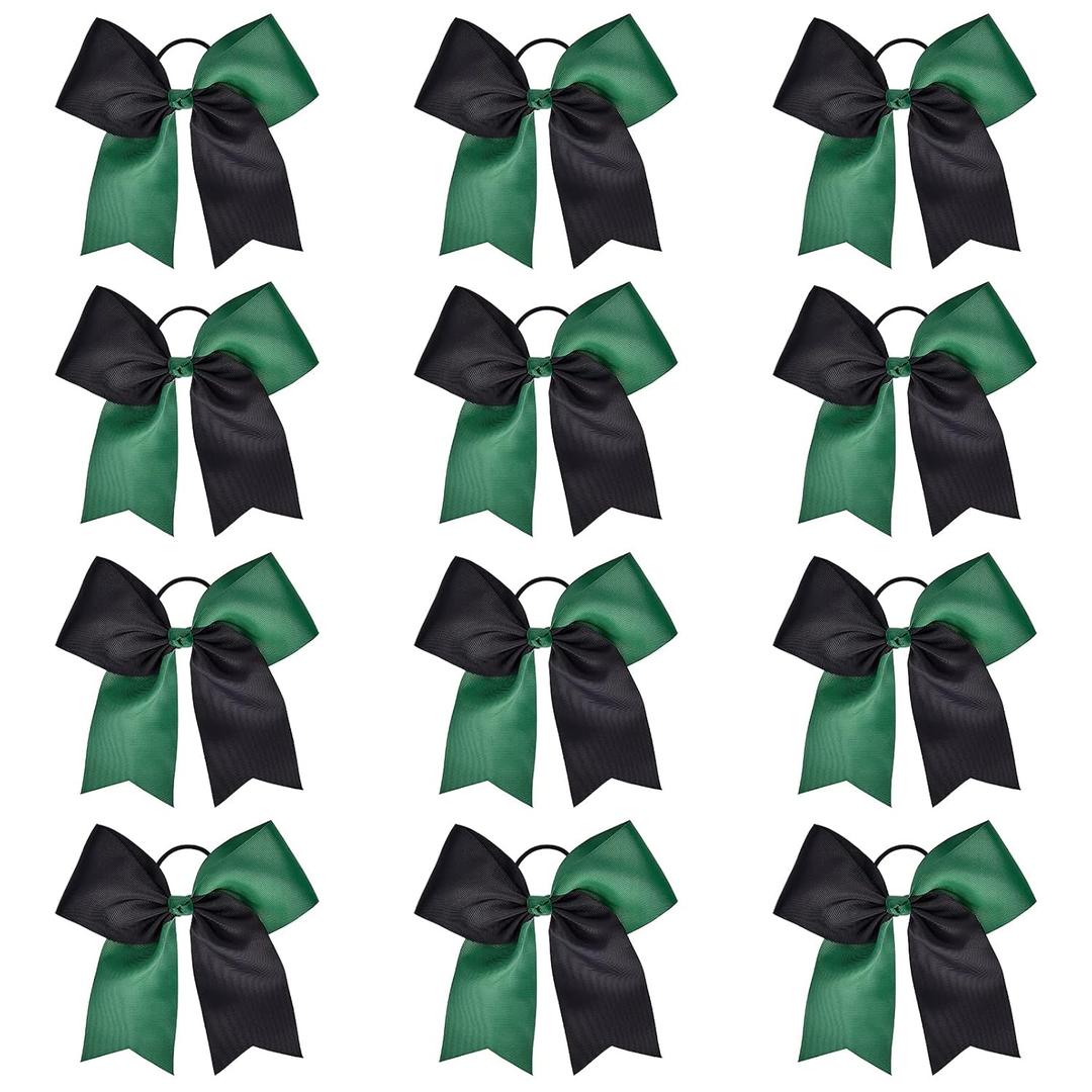 DEEKA 12PCS 8" Two Toned Large Cheer Hair Bows Ponytail Holder Handmade for Teen Girls Softball Cheerleader Sports -Forest Green/Black
