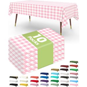 Pureegg Plastic Table Cloth Disposable 10 Pack, 54 x 108 Inch Table Cloths, Party, Picnic, Decorative Gingham Tablecloths, Rectangle, Pink and White Checkered Cover, Leakproof & Sturdy, Pink Plaid