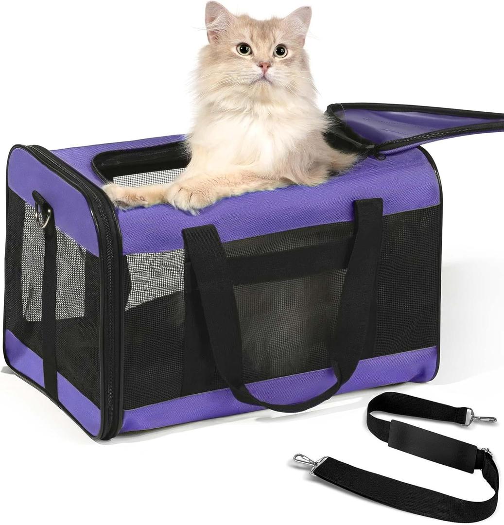 Cat Carrier Airline Approved, Soft-Sided Dog Carrier with Inner Safety Leash, Pet Transport Carrier for Small-Medium Cats Puppies up to 15 Lbs, Collapsible Travel Kitten Carrier Bag -Purple M