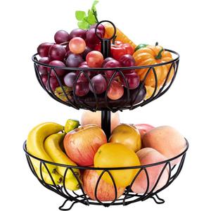 Rice Rat Fruit Stand Vegetables Basket Counter Top Fruit Basket Bowl Storage for Kitchen Home Metal Cast Iron (2 Tier-Black)