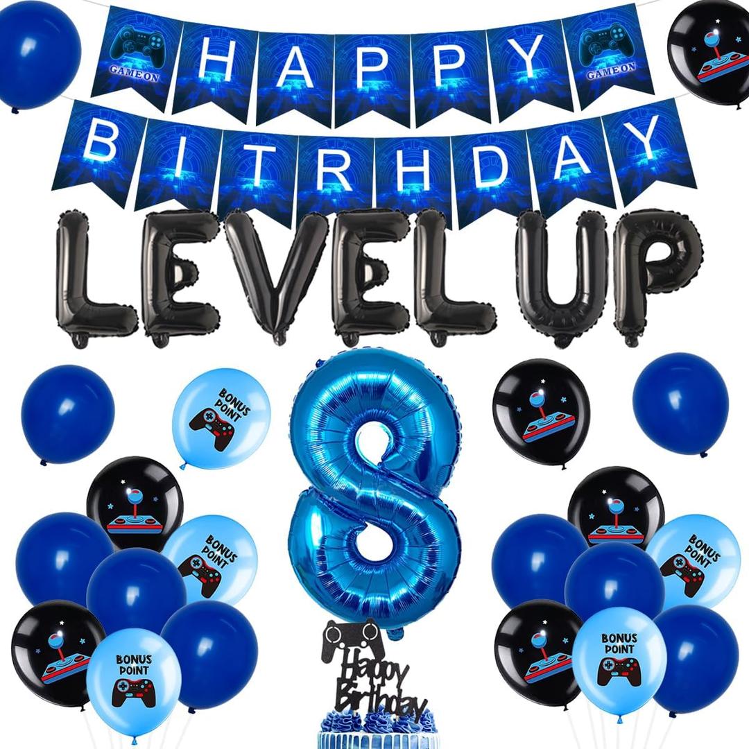 JOYMEMO Blue Video Game 8th Birthday Decorations for Boys, Level up Party Supplies with Happy Birthday Banner, Number 8 Balloon, Cake Topper for Game On Party Favors