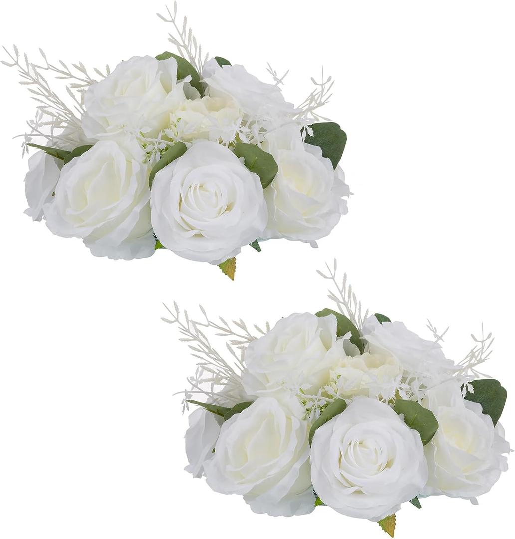 NUPTIO Flower Balls Flowers for Centerpieces: 2 Pcs 9.4 inch Diam White Artificial Rose Fake Flower Ball Arrangement Bouquet Wedding Centerpieces for Tables Wedding Centerpiece Decorations