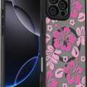 for iPhone 16 Pro Case, Black Floral Flower Pattern Case [Compatible with MagSafe] [Translucent Matte] Cute Slim Shockproof Protective Women Girls Phone Case 6.3", Pink Hibiscus Flower