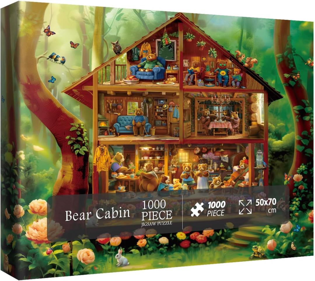Bear Cabin Puzzles for Adults 1000 Pieces, Colorful Landscape Animal Art Jigsaw Puzzles, Beautiful Bird Flower Butterfly Owl Puzzle