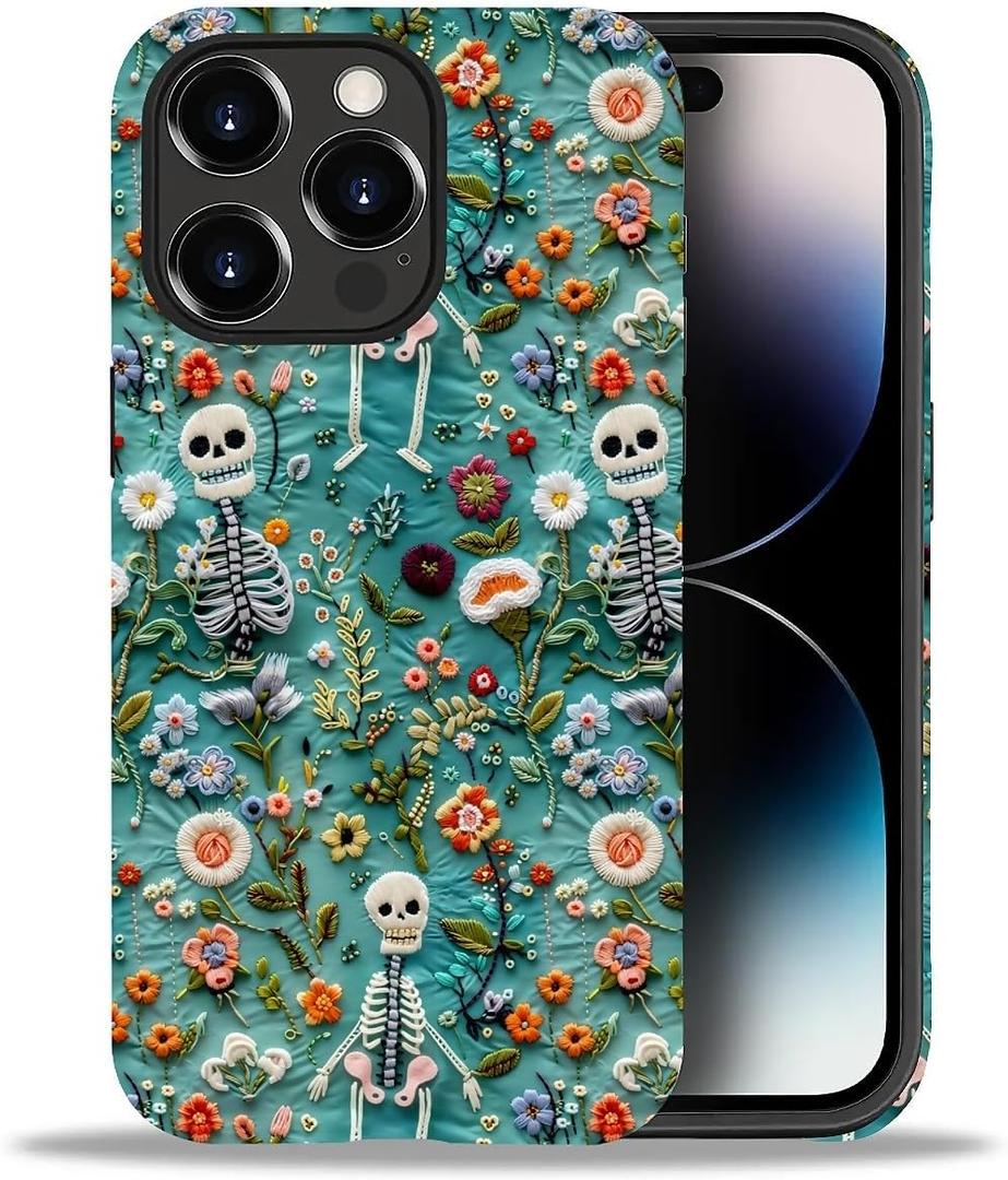 Case Compatible With For IPhone 14 Pro Max, Embroidered Floral Skeletons Phone Case Drop Protection,Soft Shockproof For Girl Women Boy Men,Case For IPhone 14 Pro Max