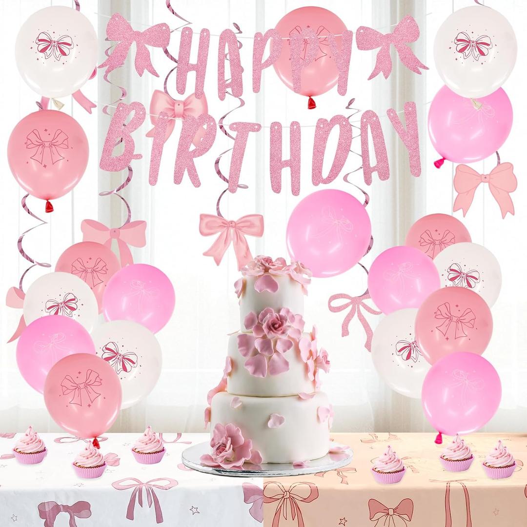 Pink Bow Party Decorations, 28-Pack Coquette Birthday Decorations with White & Pink Bow Table Cloth, Balloons, Hanging Swirls, Birthday Banner