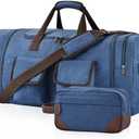 Duffle Bag for Travel, 60L Large Canvas Travel Duffel Bags Overnight Weekend Gym Bag Carry On Duffel Bag with Wet Dry Separation Pocket & Shoe Compartment(Blue+Toiletry Bag)