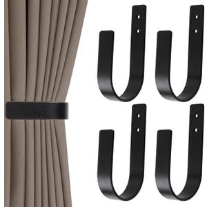 4 Pack Modern Curtain Holdbacks Solid Aluminum U Shaped Wall Mount Curtain Hooks Drapery Holdbacks Tie Backs for Curtain (4, Black)