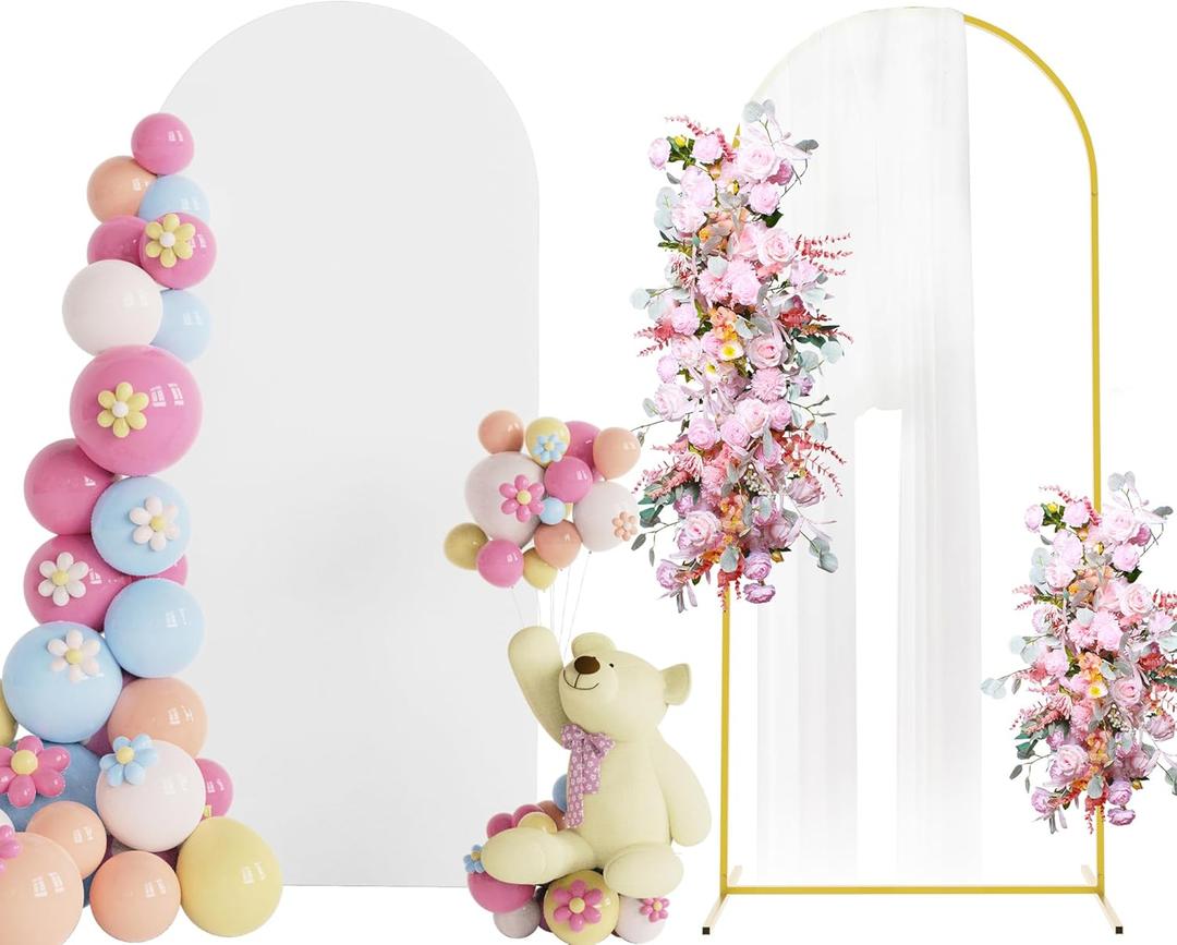 Putros 6ft Metal Arch Stand with Cover White Spandex Fitted Wedding Arch Cover and Round Top Chiara Backdrop Set for Birthday Party Baby Shower Decoration