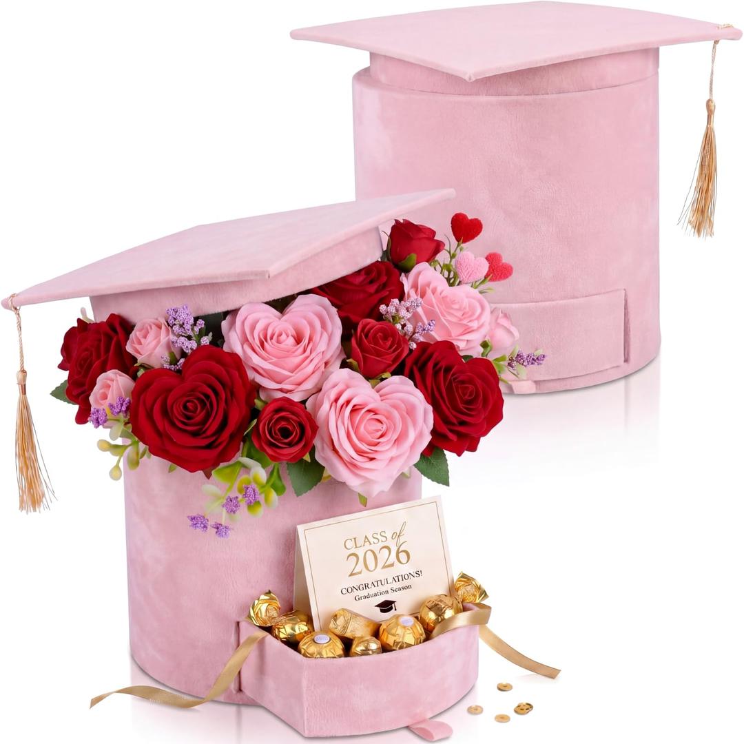 Supervitae 2 Pack 2026 Graduation Cap Flower Gift Boxes Class of 2026 Graduation Hat Box, 7 x 6.5 in Empty Container Gift Box for Grad Ceremony Party Activities Celebrations(Round,Pink)