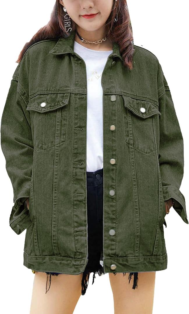 SeekMe Women's Oversized Jean Jacket Plus Size Button Down Washed Mid Long Denim Jacket (X-Large, Green)