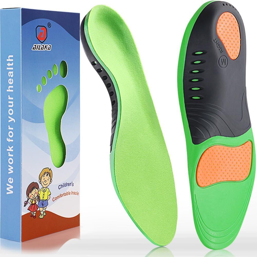 Ailaka Kids Orthotic Arch Support Shoe Insoles, Plantar Fasciitis Cushioning Athletic Inserts for Flatfoot Pain Relief Running Walking (11.5-13.5 M US Little Kid, Green)