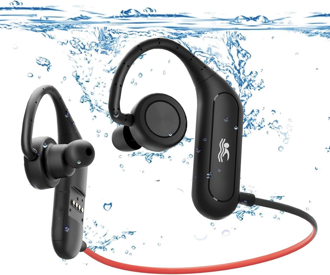 IP68 Waterproof Swimming Headphones with Mic, Stereo Sweatproof in-Ear Earphones, Noise Cancelling Headsets for Gym Running Workout, 16 Hours Playtime