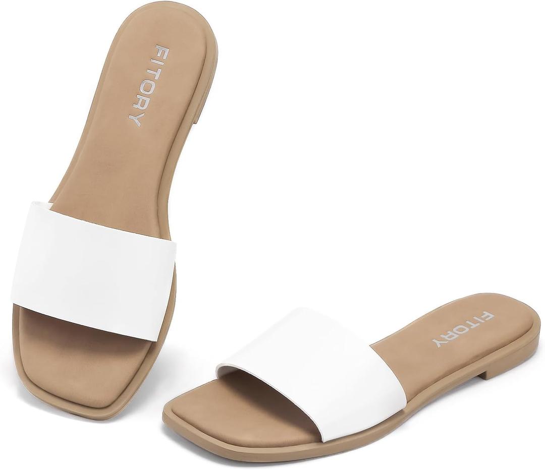 FITORY Women's Slide Sandals Fashion Square Open Toe with Cushioned Footbed Slippers for Beach Size (7, White)