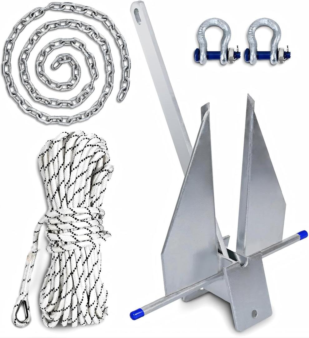 Heavy Duty Boat Anchor Kit, 5/8/10/13/18/25 lb Galvanized Danforth Anchor with Anchor Chain, Shakles and Boat Anchor Rope, Fluke Anchor Kit for Boats Pontoon, Deck, Fishing, and Sail (10 lb(Fits 16-26 FT Boats))