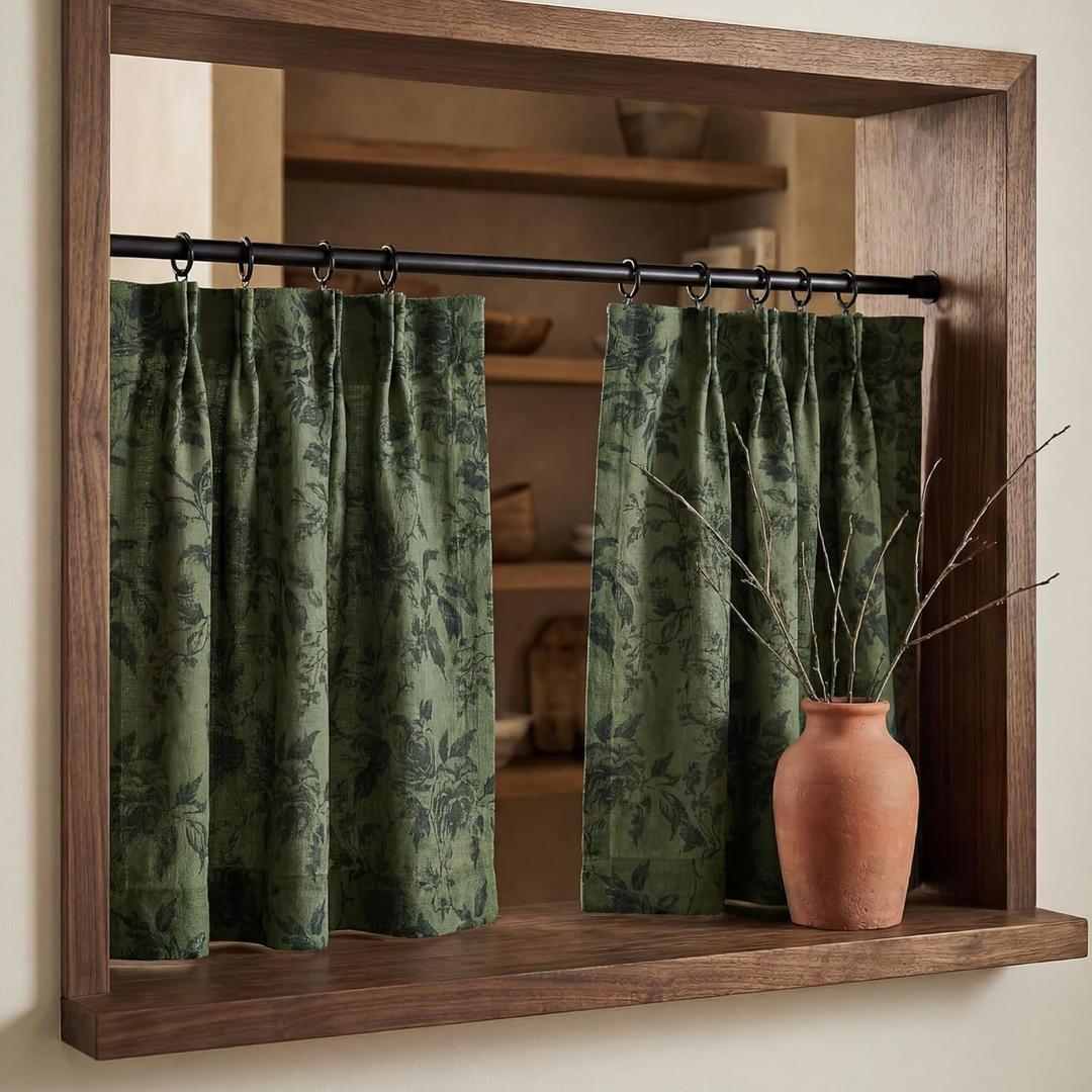 RYB HOME Pinch Pleated Olive Green Curtains for Kitchen Cafe, Light Filtering Semi Sheer Privacy Linen Textured Botanical Curtain Tier for Cottage Vintage Farmhouse Decor, 26" W x 24" L, 2 Panels