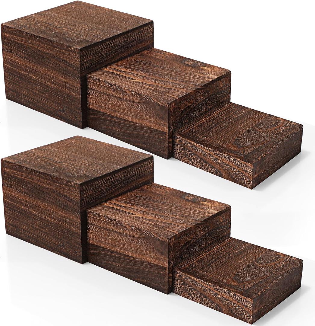 2 x Barydat 6 Pcs Wood Display Risers Rustic Cupcake Stand Food Risers for Buffet Table Wooden Stackable Display Stand Box for Catering Dessert Collectibles Jewelry Figures Show(Burnt Wood Color)