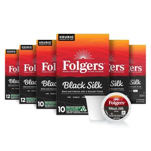 Folgers Black Silk Coffee, Dark Roast, Keurig K-Cup Pods, 60 Count | 6 (10 count) boxes, Dark roast coffee, Compatible with Keurig coffee makers, BBD 05/06/27