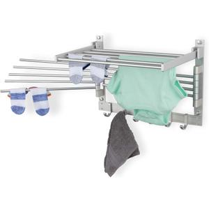 BGT Wash Clothes Drying Rack Wall Mount Laundry Room Organizer with Hooks & Swing Arms, 17" Metal Laundry Rack Silver
