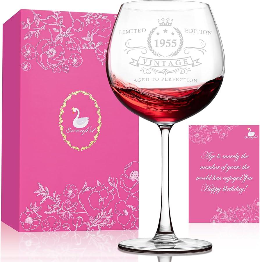 Swanfort 70th Birthday Gifts for Women, 1955 Vintage Wine Glass, Elegant Present for Mom, Grandma, or Wife – Celebrating 70 Years of Love and Life