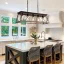Q&S Farmhouse Rustic Chandelier Light Fixtures Bronze 5 Lights Linear Rectangular Chandelier Pendant Light Fixtures for Dining Room Kitchen Island Pool Bar Office Living Room Entryway UL Listed