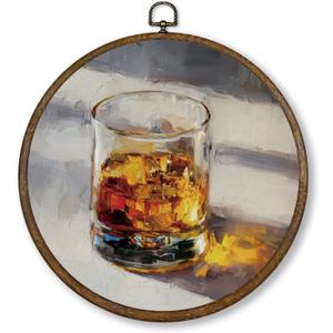 Qskjre Old Fashioned Bourbon Wall Art Bar Cart Decor, Funky Cocktail Round Wood Framed Canvas Wall Artwork, Retro Whiskey Hanging Prints for Bar Club Kitchen Decorations, 10x10inch