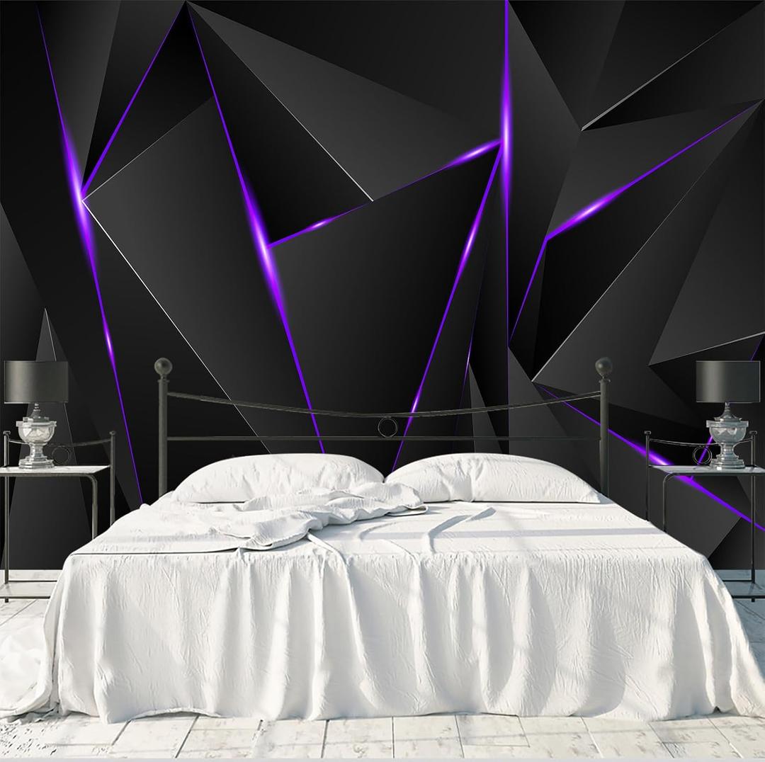 WFBHUA-3d Black Geometric Wallpaper Purple Lines Large Background Wall Mural for Bedroom Living Room (No Peel and Stick)