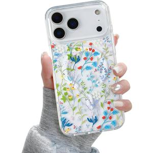 QLTYPRI Magnetic for iPhone 17 Pro Max Case Compatible with Magsafe, Cute Floral Flower Aesthetic Phone Case Slim Clear Anti-Yellowing Shockproof Phone Cover for Girls Women - Colorful Floratopia