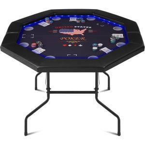 Foldable Poker Table with LED Lights, Octagon Casino Leisure Texas Holdem Table for 8 Player, Folding Blackjack Table w/Built-in LED Light, Padded Rails & Cup Holders for Home Game Room
