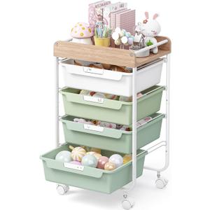 Rolling Storage Utility Cart with 4 Drawers,Kids Craft Art Cart,Makeup Organizer and Storage with Wooden Tabletop,Green