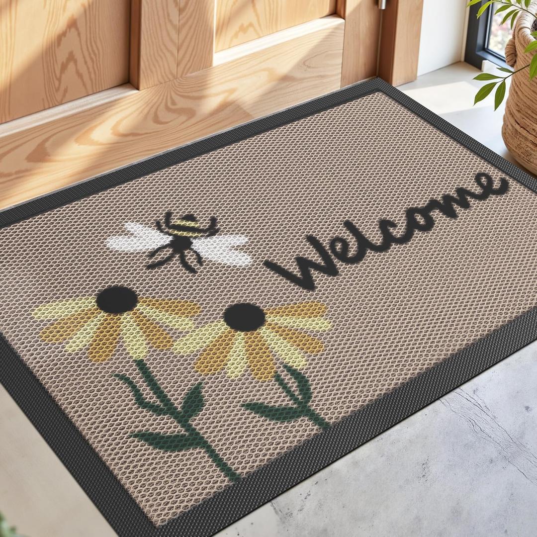 DEXI Front Door Mat Outside Entrance Welcome, Spring Summer Froral Entryway Doormat Dirt Trapper, Heavy Duty Non Slip Entry Mats for Patio Garage Porch Home Decorative, 24x36, Bee and Flower