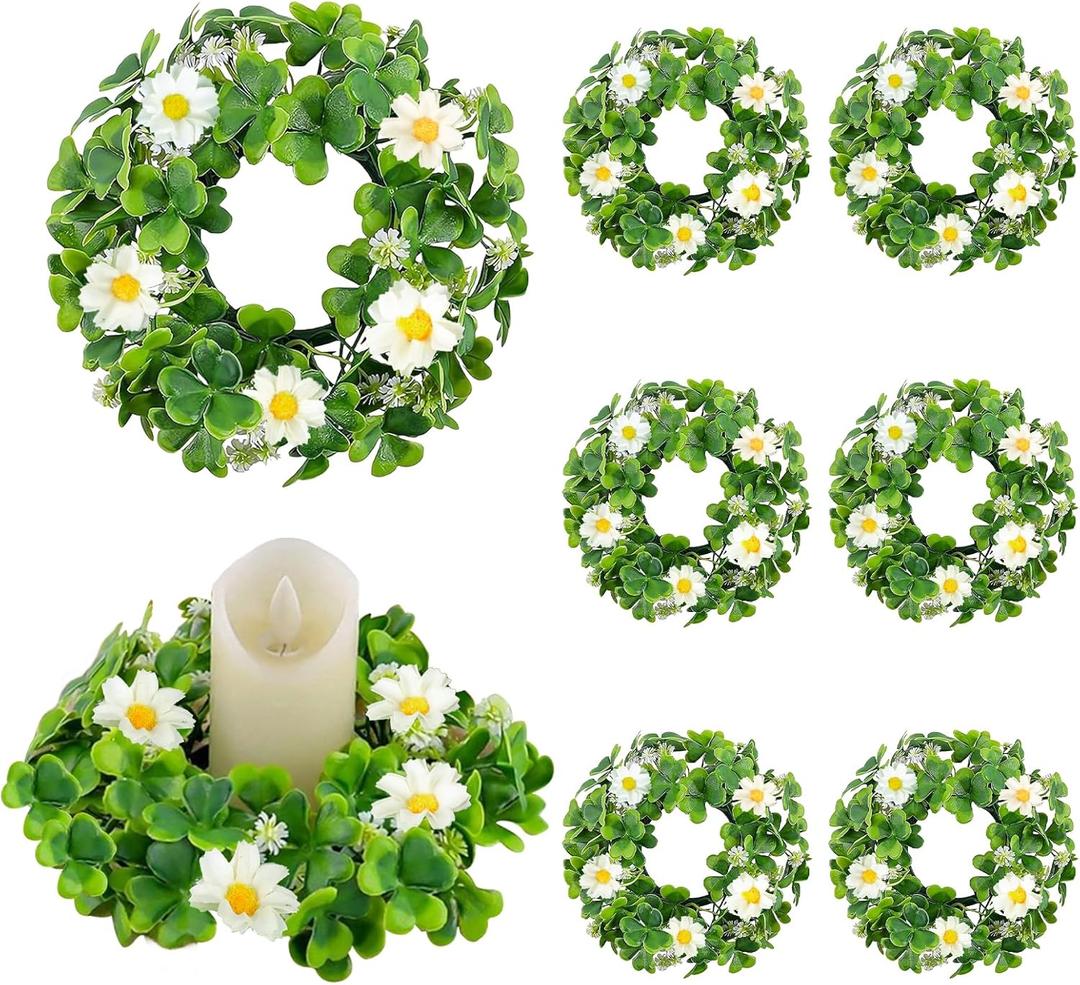 8 Pcs St. Patrick's Day Candle Rings, 14 Inch Shamrock Wreaths for Table Centerpieces Irish Clover Wreath for Front Door Porch Window Wall Decor, Spring Green Artificial Foliage Berry Wreath