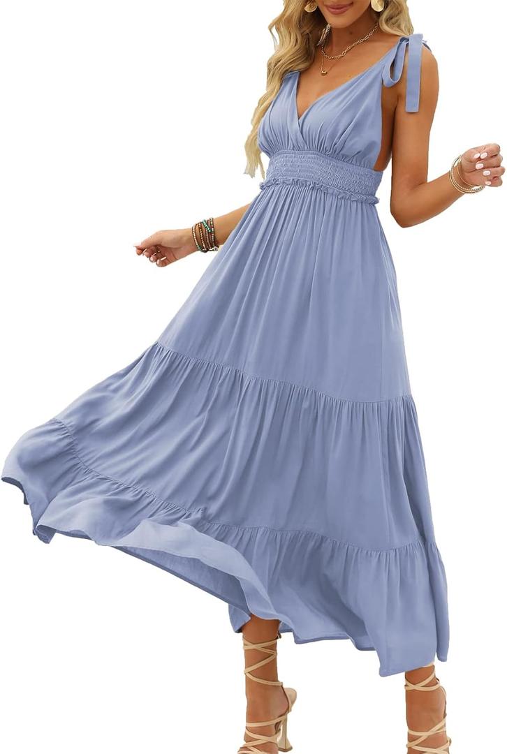 DEEP SELF Women's Summer V Neck Tie Strap Maxi Dress Halter Ruffle Hem Long Dresses Spaghetti Strap Long Flowy Dresses (Large, 4-sky Blue)