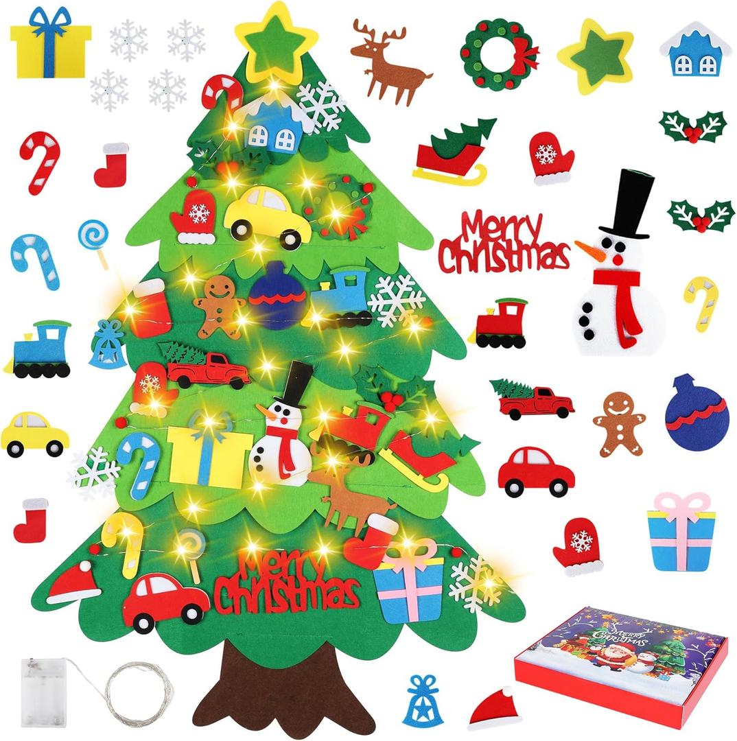 Onekka DIY Felt Christmas Tree Set with 32pcs Ornaments for Kids, Xmas Gifts, Wall Hanging Toddler Christmas Tree with String Light(Without Battery)