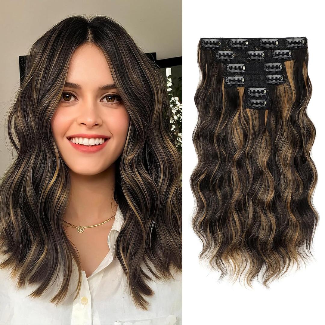 KooKaStyle Short Hair Extensions 6PCS 14 Inch Wavy Curly Hairpieces Synthetic Soft Lace Weft Clip in Hair Extensions-Balayage Dark Brown to Chestnut for Women