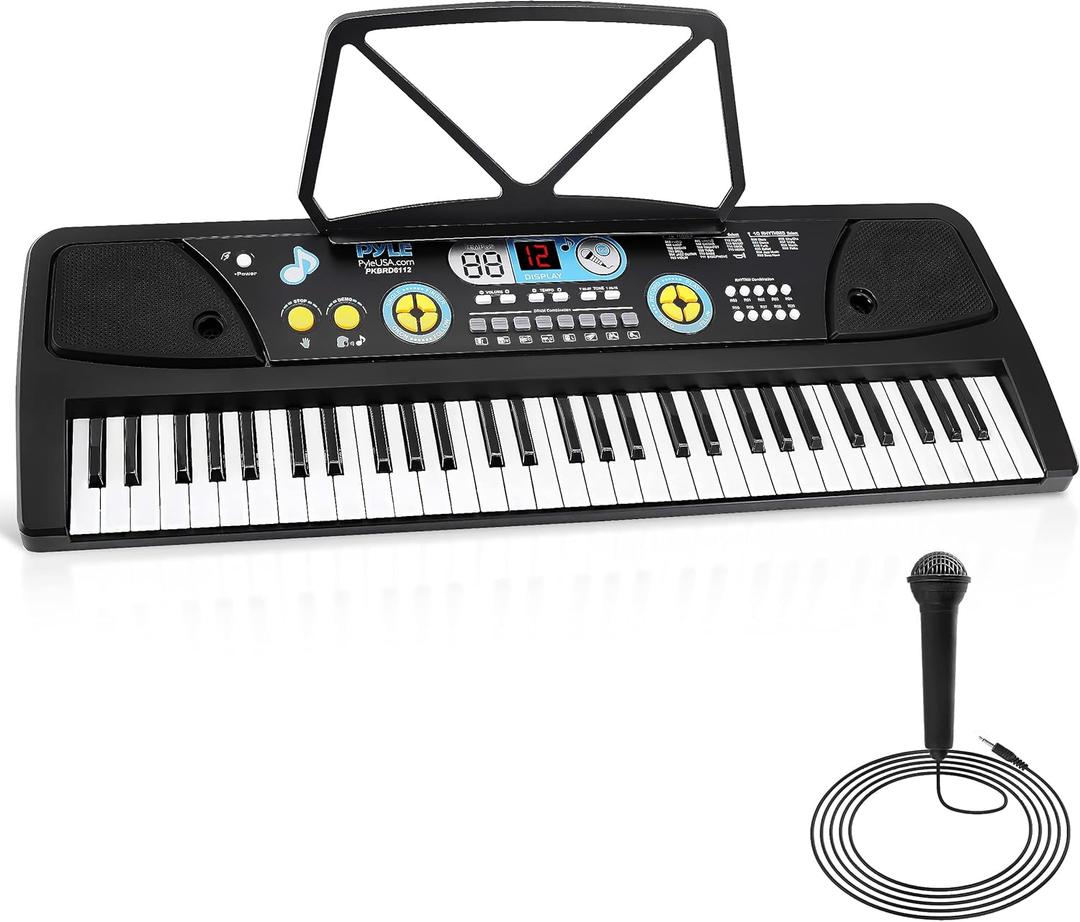 Electric Keyboard Piano 61 Keys - Portable Digital Musical Karaoke Piano Keyboard -10 Rhythms 16 Tones, Stereo Speakers, Rechargeable Battery - Wired Microphone - Beginners Kids Adult - Pyle PKBRD6112