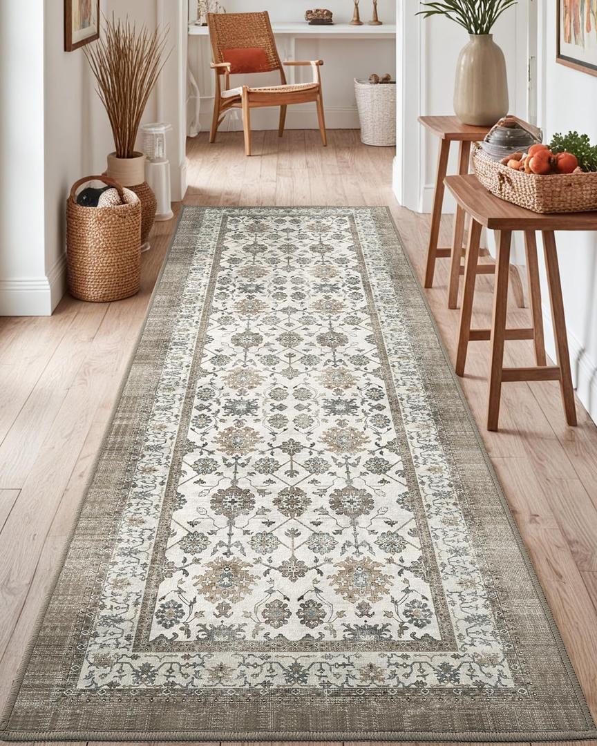 DEXI Hallway Runner Rug, 2x7 Distressed Non Slip Runners Carpet, Boho Vintage Soft Thin Indoor Rug, Stain Resistant Washable Entry Mat for Entryway Kitchen Laundry Room Living Room, Warm Brown