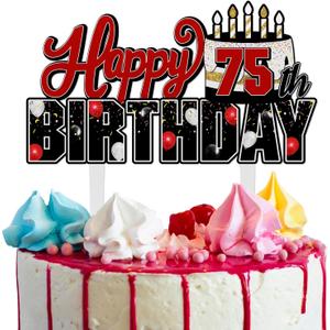 LINGTEER Happy 75th Birthday Red Acrylic Cake Topper,Red Theme Birthday Cheers to 75 Years Old Party Cake Decorations Gift Sign.