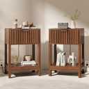 Night Stand Set of 2, Fluted Nightstand with Charging Station, Wood Bedside Table with Drawer & Storage Shelf, Modern End Tables for Bedroom Sofa Couch Office, Walnut