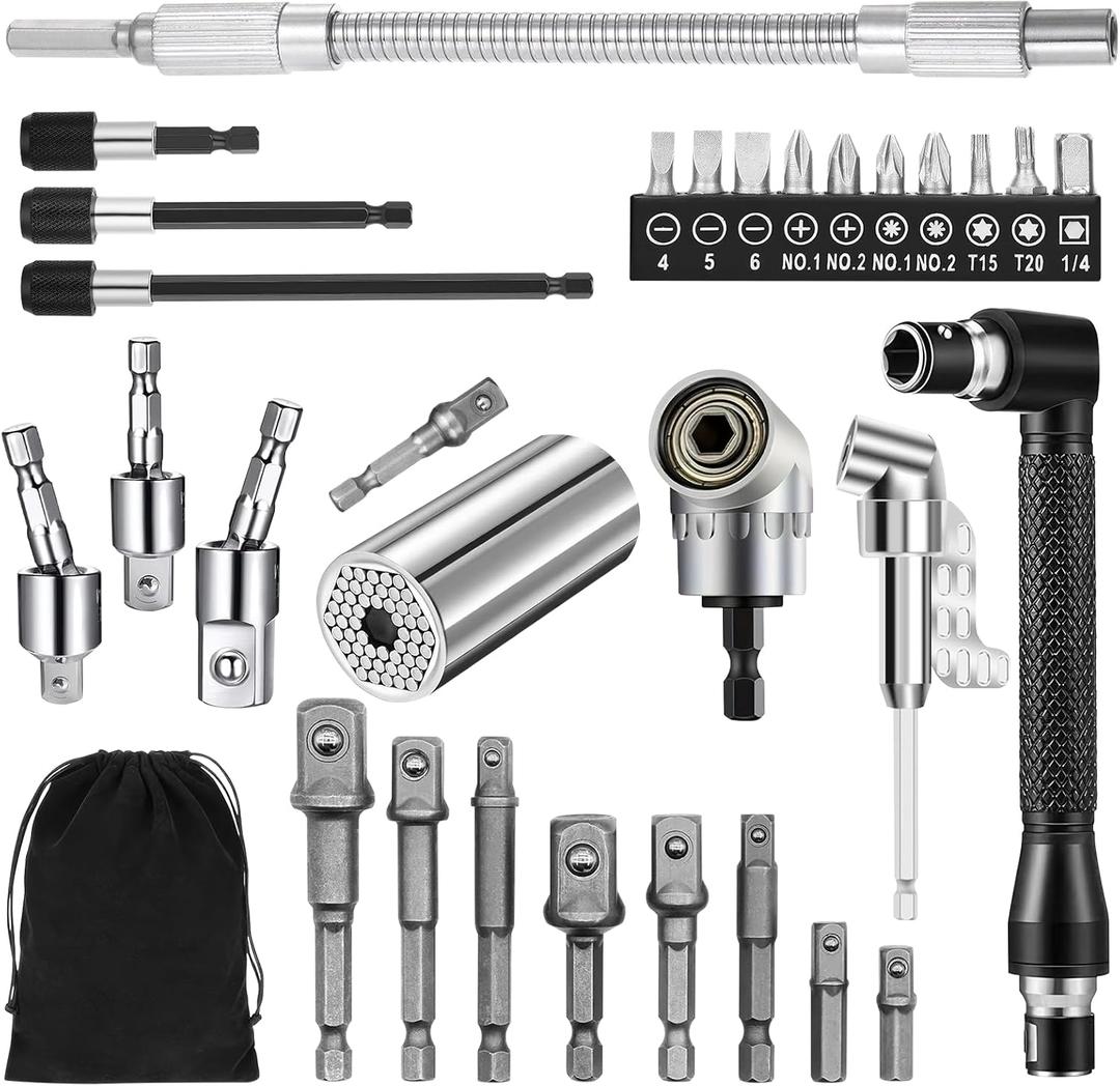 31 Pcs Flexible Drill Bit Extension Set,105 Right Angle Drill Attachment, 1/2 3/8 1/4 inch Universal Hex Socket Adapter, Rotatable Socket Wrench Tools, Drill Bit Holder Screwdriver with Box(Silver)