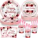 Avezano 168 PCS Burgundy Birthday Party Decorations Rose Gold Floral Birthday Tableware Set Floral Plates Napkins Supplies for Women Girls, Serves 24
