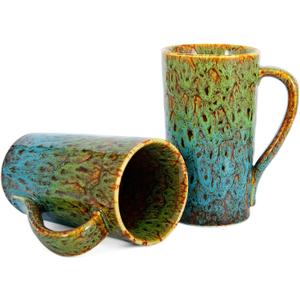 20 OZ Large Coffee Mugs, Coffee Cups Ceramic Tall Coffee Mugs with Handle, Unique Latte Tea Cup for Office and Home, Novelty Gifts for Men and Women, Set of 2 (Green & Blue)
