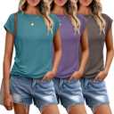 SUNBS 3 Pack Womens Summer Tops Cap Sleeve T Shirts Business Causal Dressy Basic Tee Fashion Trendy Cute Outfits 2025 (Small, Bluegreen/Purple/Coffeegrey)