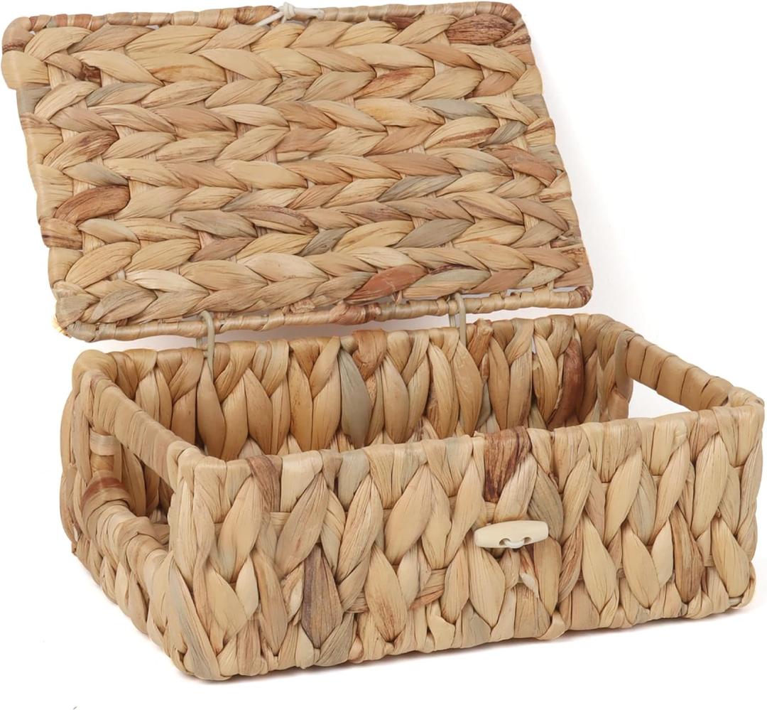 Wicker Shelf Baskets with Lid, Rectangular Storage Basket Bins with Handles Handwoven Home Desk Organizer Decor Boxes (Natural, X-Small)
