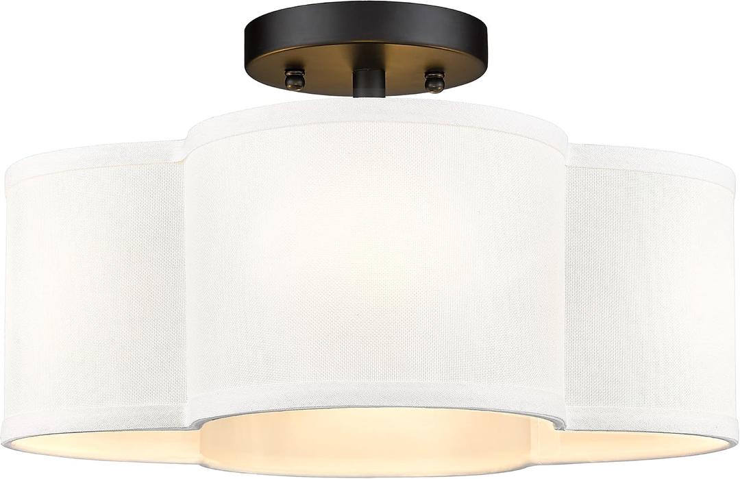 Black Semi Flush Mount Ceiling Light, Close to Ceiling Light Fixtures with Fabric Shade in Quatrefoil Shape, Farmhouse 13-inch Ceiling Light for Kitchen Hallway Bedroom, AD-22007-4SF-BK