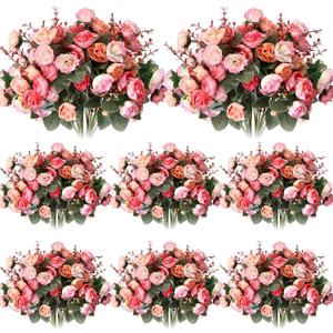 Geosar 8 Pcs Rose Artificial Flowers Fake Flowers Bouquet 21 Heads Silk Faux Floral Bundles with Stem for Home Bridal Wedding Arrangements Table Centerpieces Party Decor (Pink)