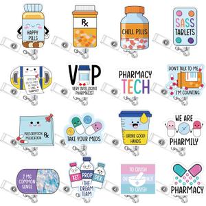 16 Pcs Pharmacy Badge Reel Funny Pharmacy Technician Gifts Retractable Nurse Badge Reel for Doctors Nurses Week Gift RN Medical Assistant CNA Supplies