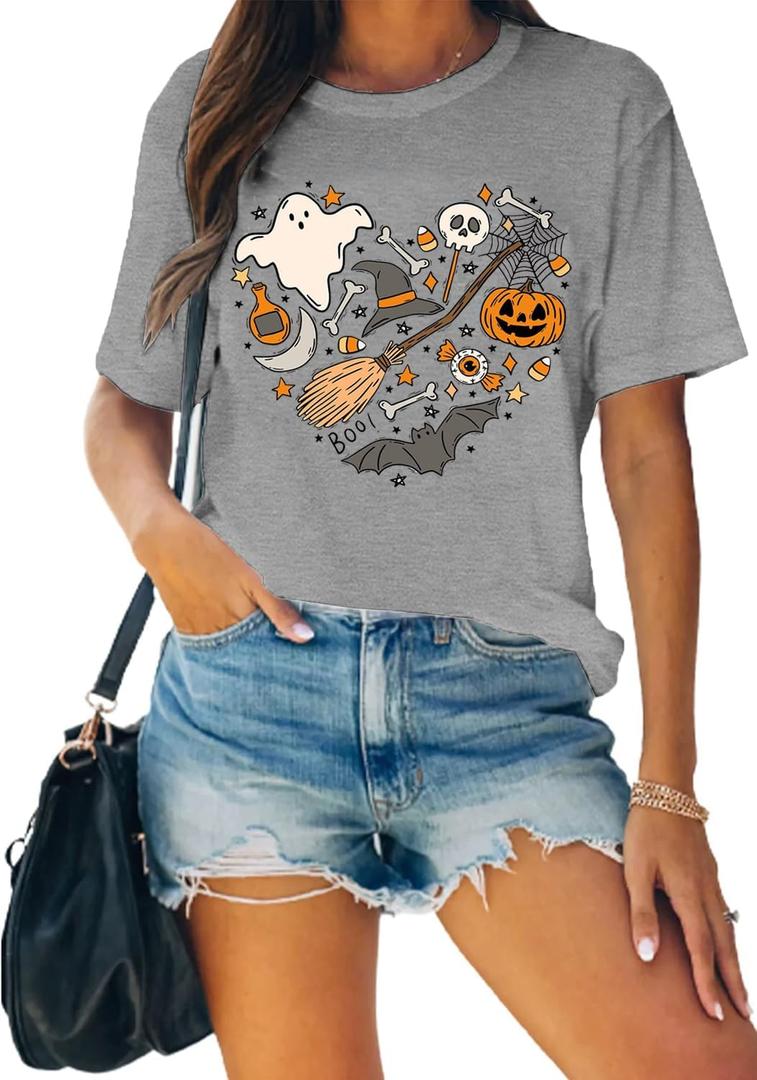 Halloween Doodles Shirt for Women Funny Ghost Fall Pumpkin Boo Tshirt Spooky Season Tees Party Short Sleeve Tops